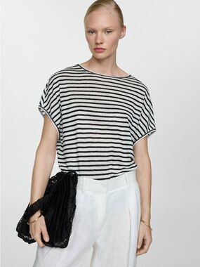 Mango 100% linen Striped Short-Sleeve Boatneck Top